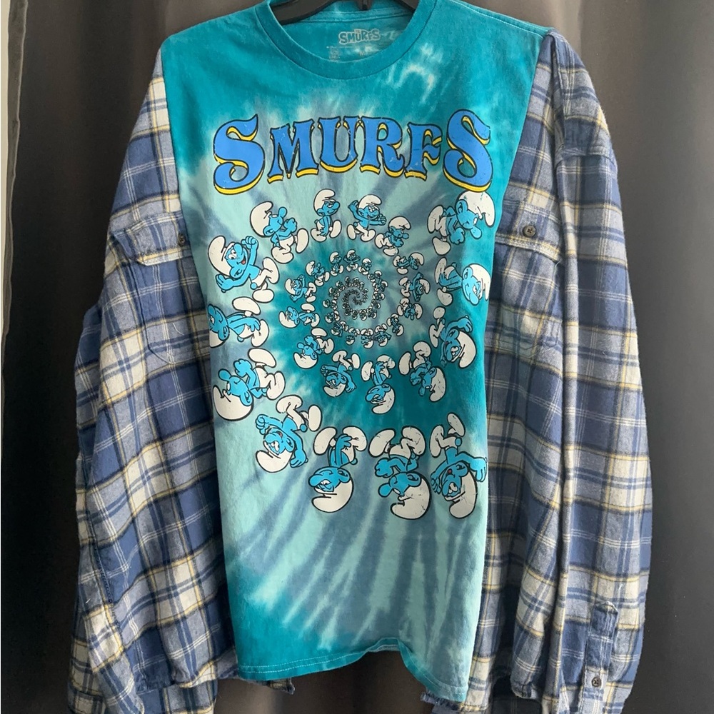Upcycled Smurfs Tie-Dye Graphic Tee with Plaid Sleeves